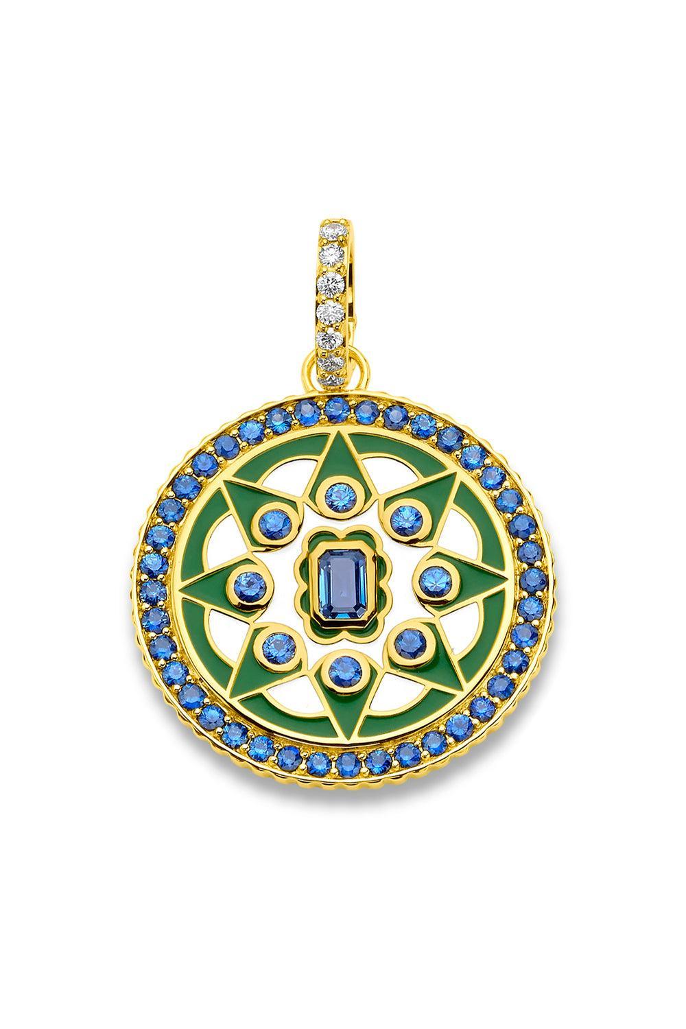 Blue Sapphire Diamond Kelly Green Mandala Pendant-YELLOW GOLD-JEWELRYFINE JEWELPENDANT-BUDDHA MAMA