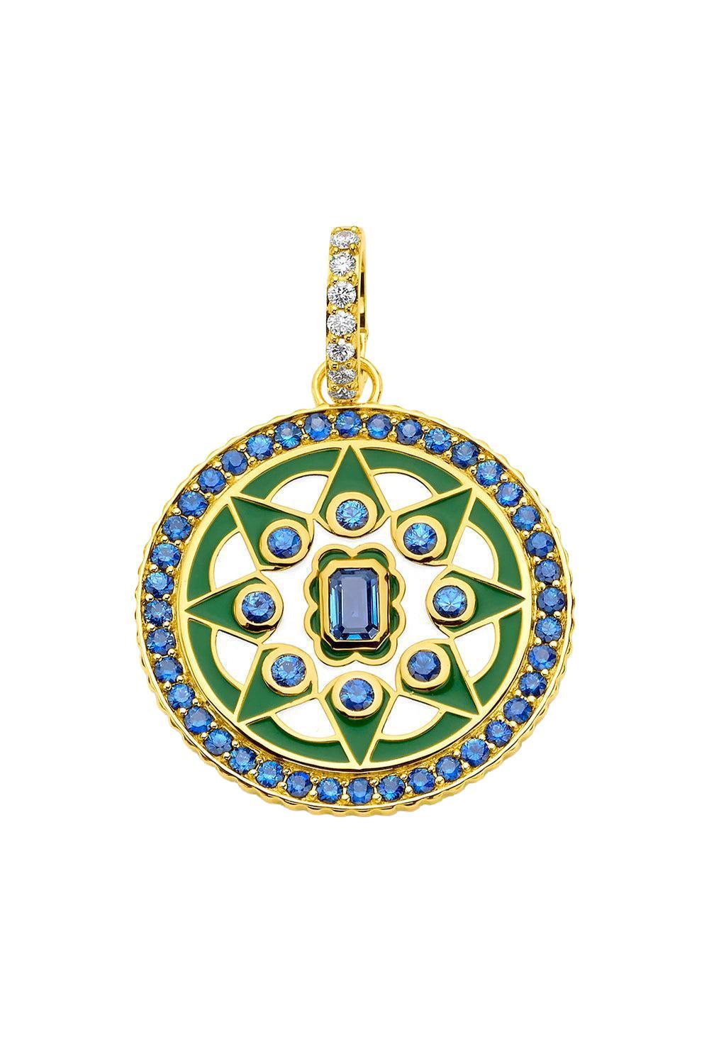 Blue Sapphire Diamond Kelly Green Mandala Pendant-YELLOW GOLD-JEWELRYFINE JEWELPENDANT-BUDDHA MAMA