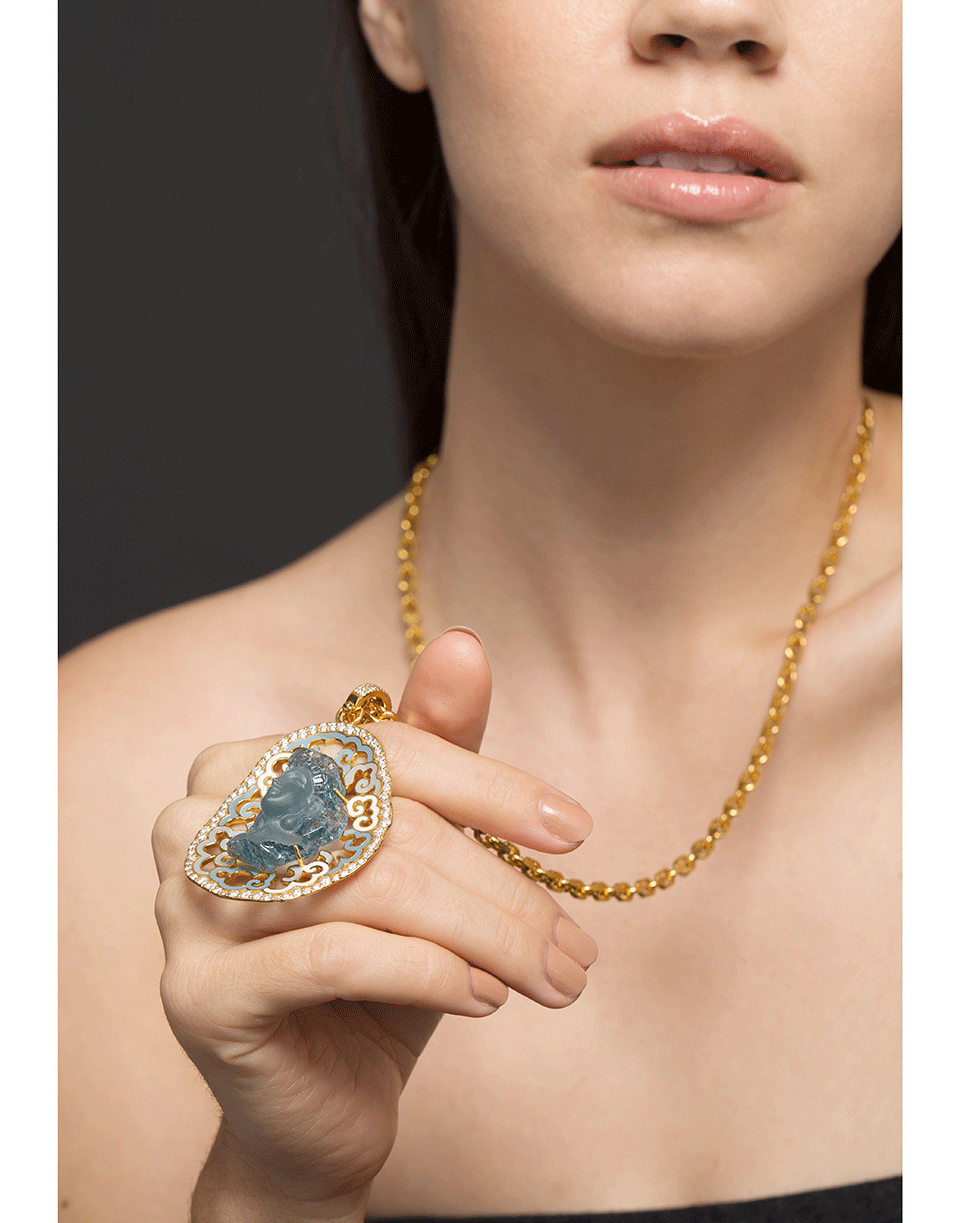 BUDDHA MAMA-Carved Aqua Buddha Pendant-YELLOW GOLD