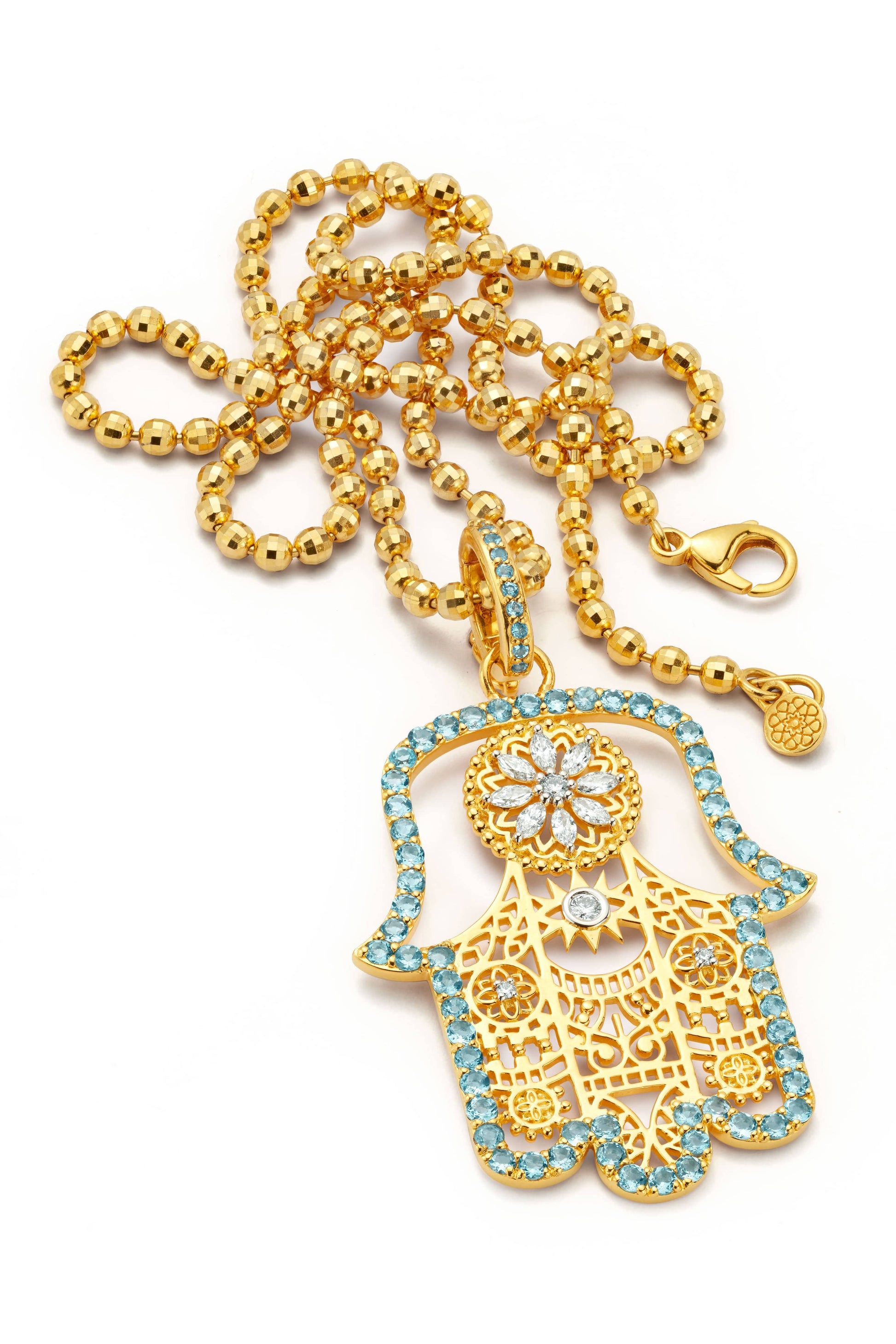 BUDDHA MAMA-Large Aquamarine Hamsa Pendant-YELLOW GOLD