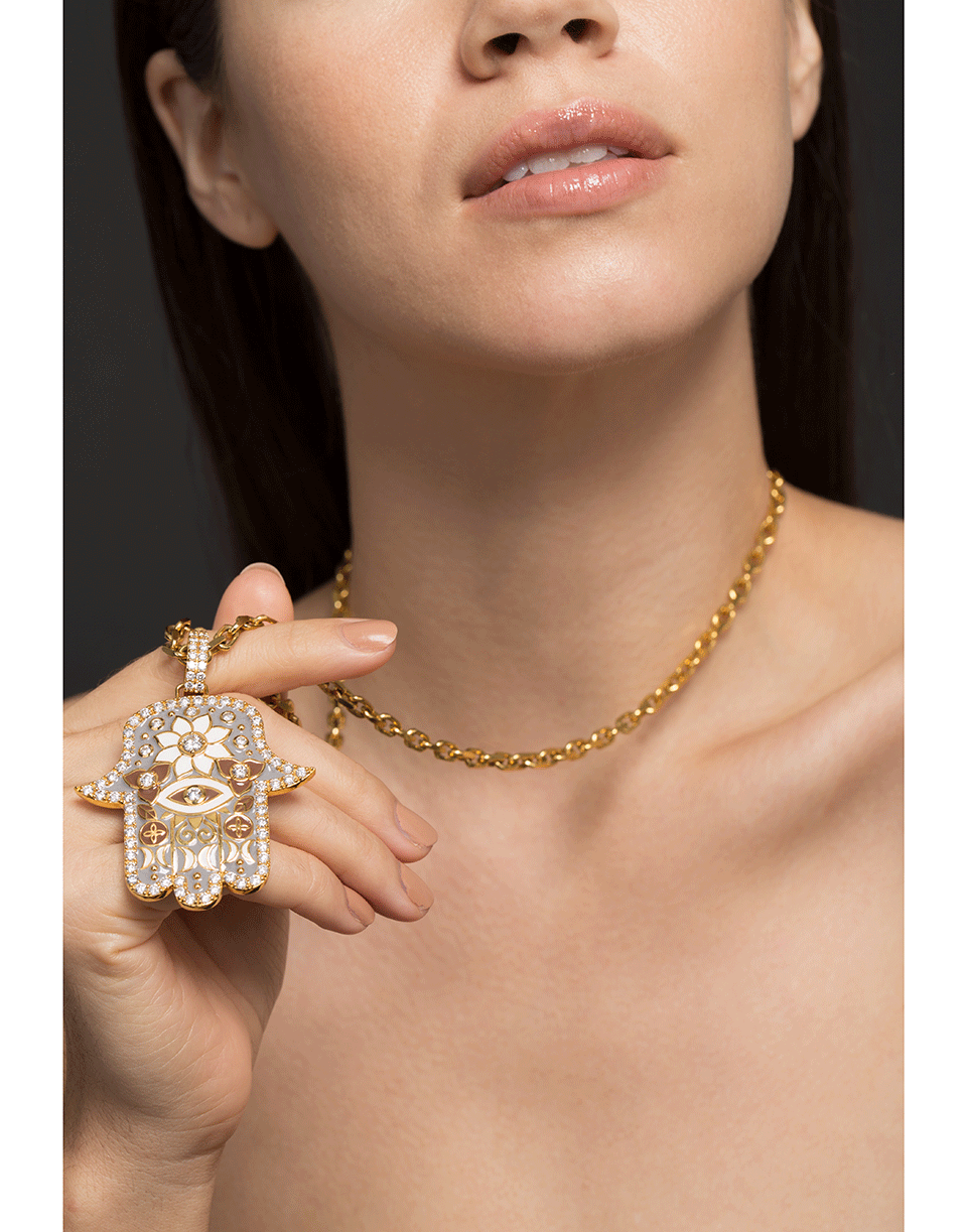 BUDDHA MAMA-Large Grey Enamel Hamsa Pendant-YELLOW GOLD