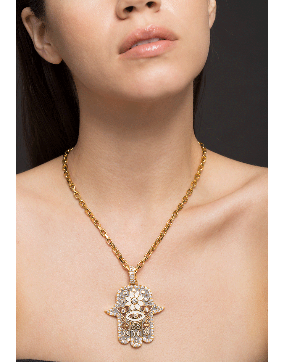 BUDDHA MAMA-Large Grey Enamel Hamsa Pendant-YELLOW GOLD