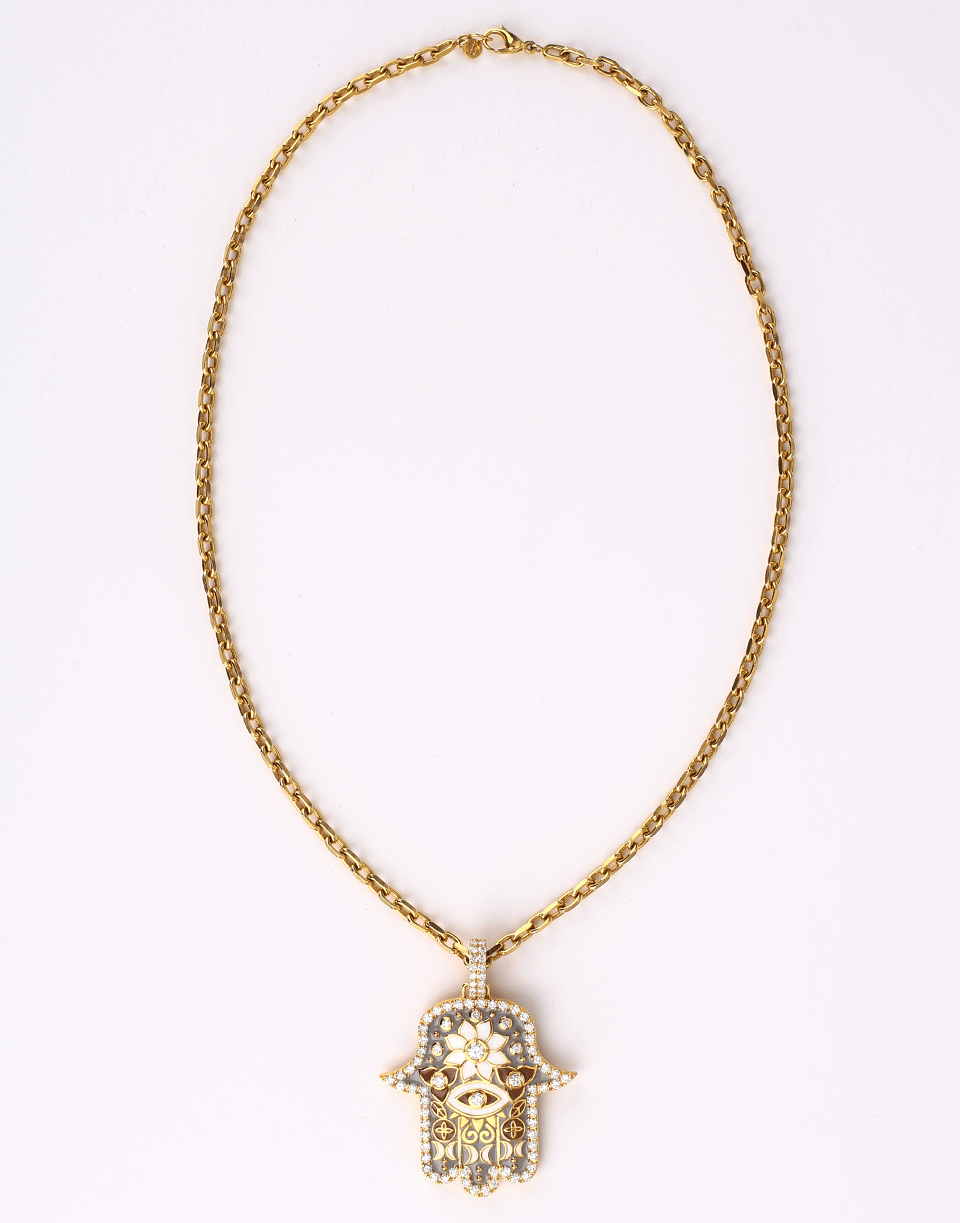BUDDHA MAMA-Large Grey Enamel Hamsa Pendant-YELLOW GOLD