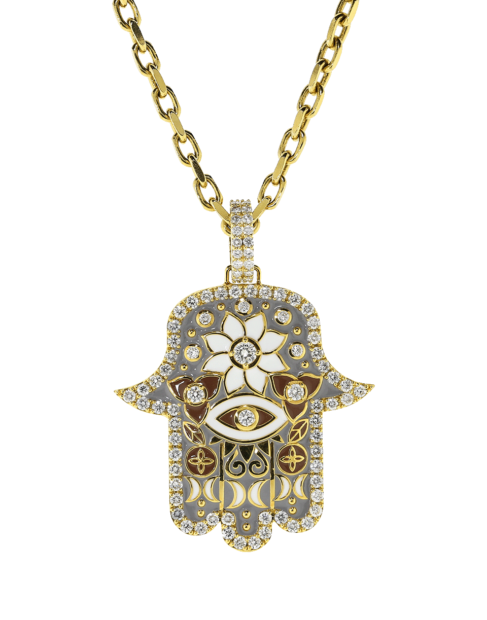 BUDDHA MAMA-Large Grey Enamel Hamsa Pendant-YELLOW GOLD
