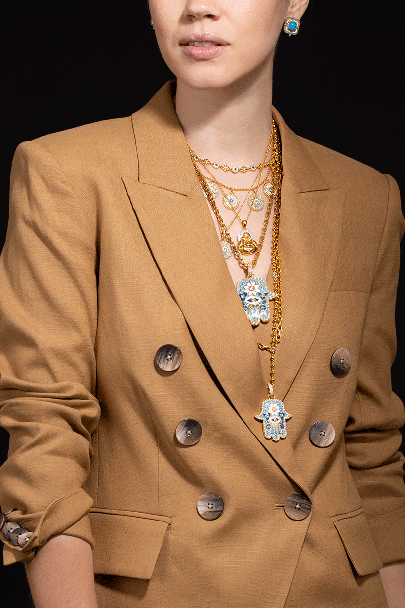 BUDDHA MAMA-Large Sky Blue Enamel Hamsa Pendant-YELLOW GOLD