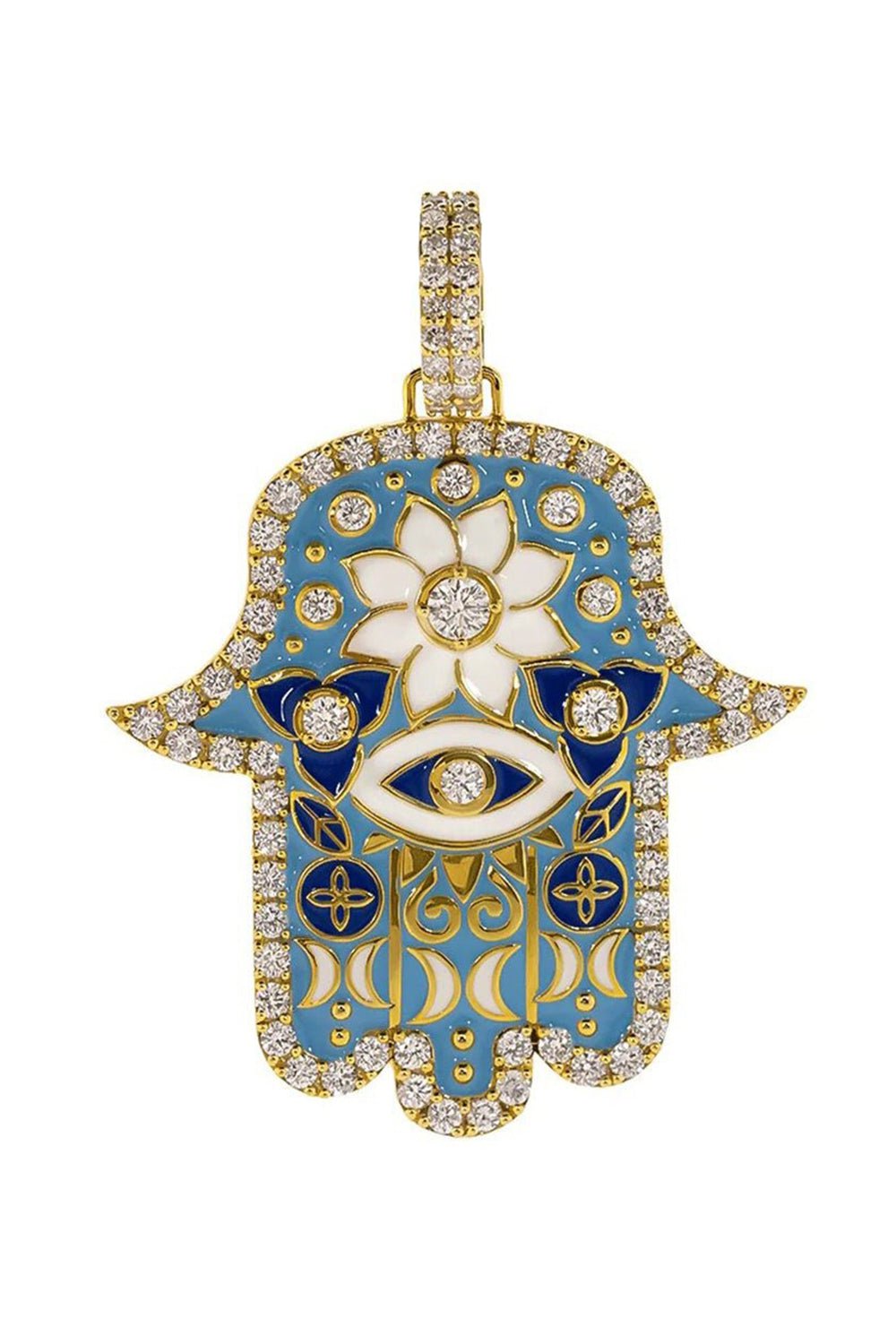 BUDDHA MAMA-Large Sky Blue Enamel Hamsa Pendant-YELLOW GOLD