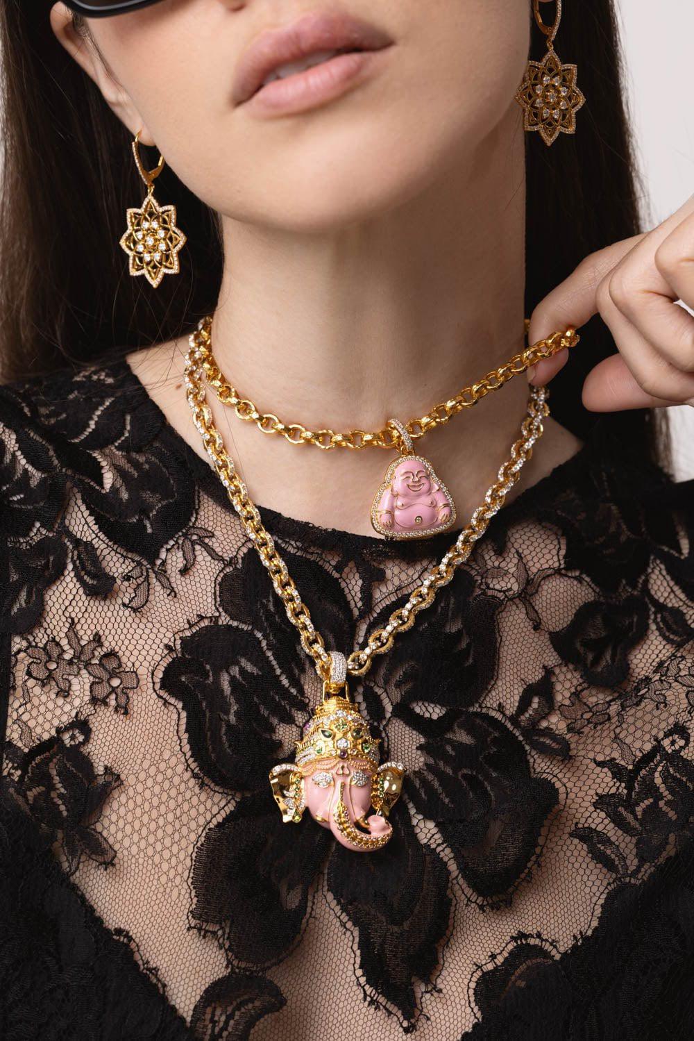BUDDHA MAMA-Large Pink Enamel Ganesha Pendant-YELLOW GOLD