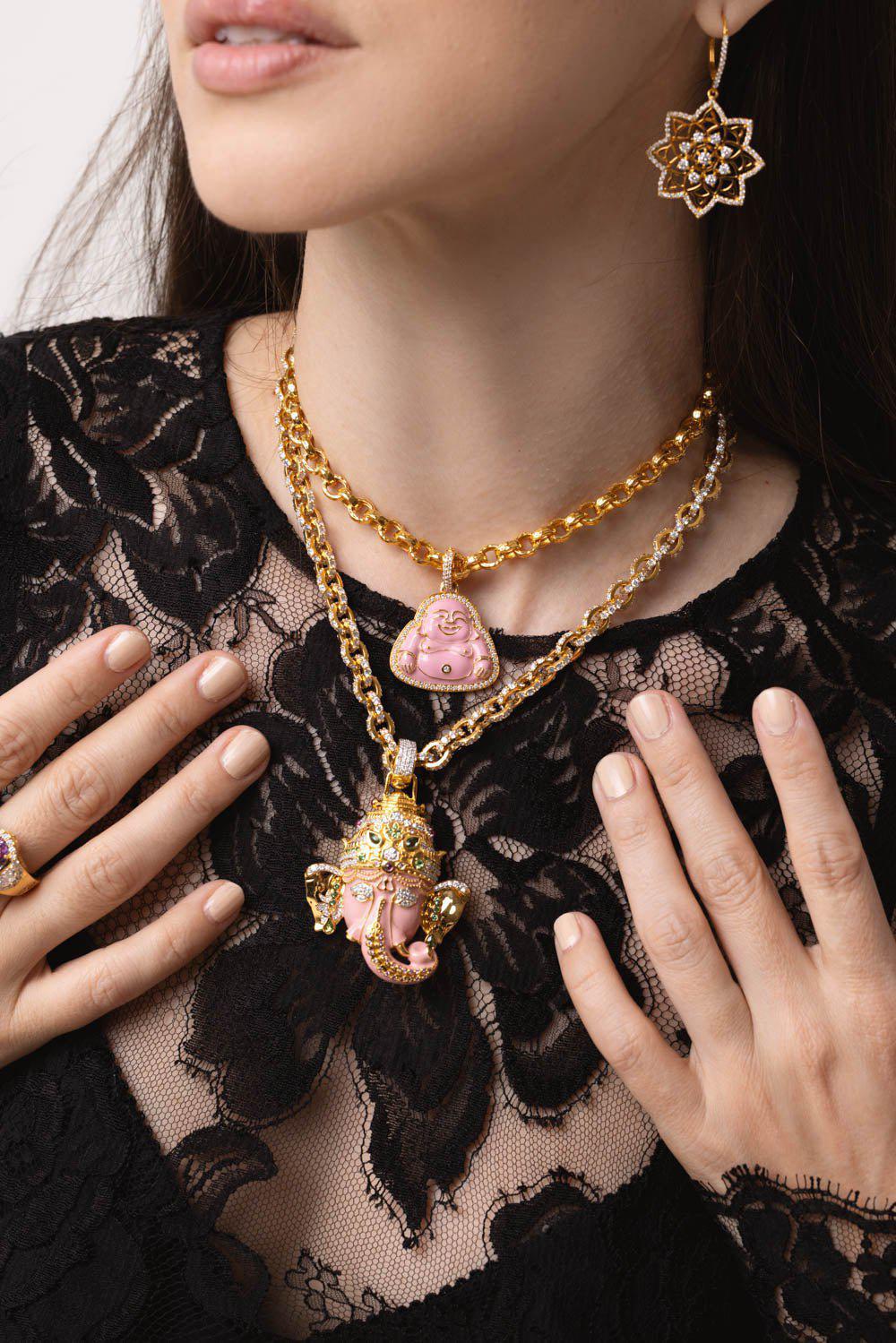 BUDDHA MAMA-Large Pink Enamel Ganesha Pendant-YELLOW GOLD