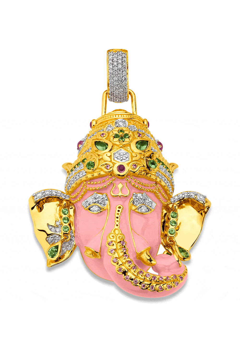 BUDDHA MAMA-Large Pink Enamel Ganesha Pendant-YELLOW GOLD