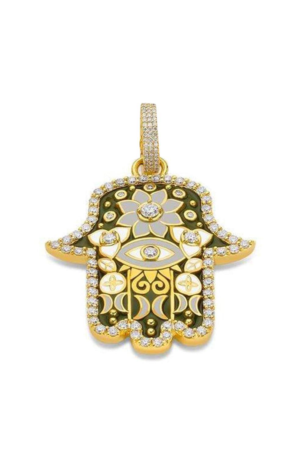 Medium Army Green Hamsa Pendant-YELLOW GOLD-JEWELRYFINE JEWELPENDANT-BUDDHA MAMA