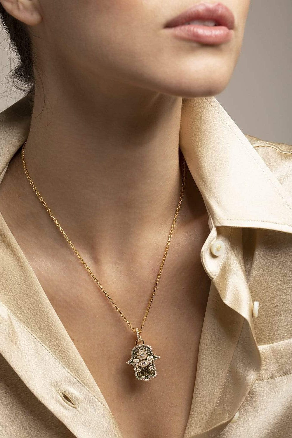 BUDDHA MAMA-Medium Grey Hamsa Pendant with Diamonds-YELLOW GOLD