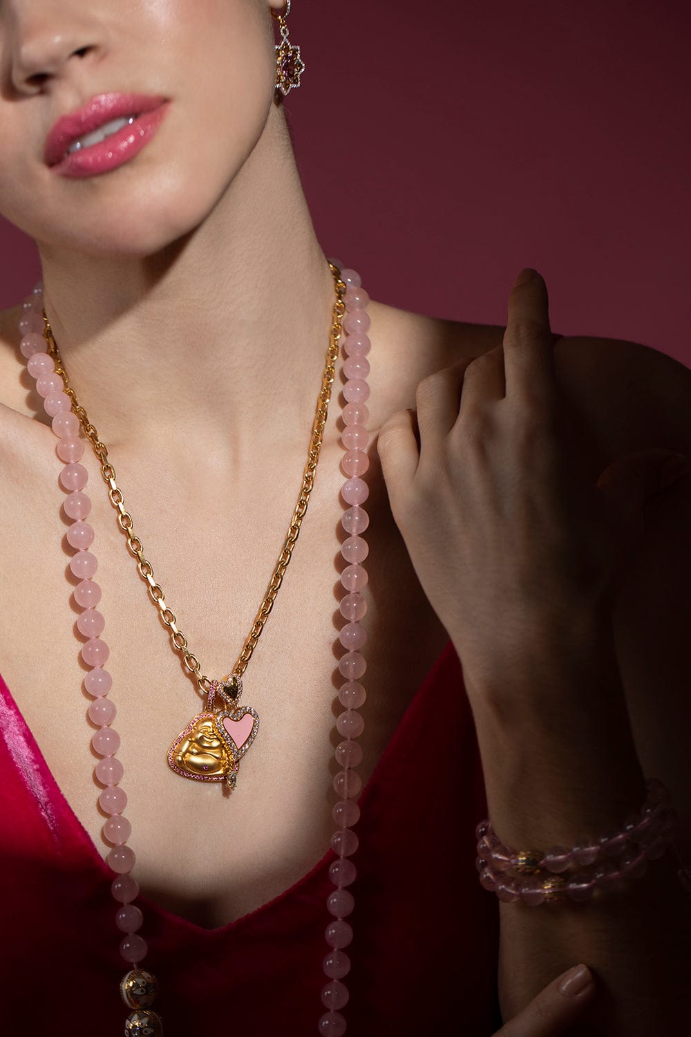 BUDDHA MAMA-Medium Matte Happy Buddha Pink Sapphire Pendant-YELLOW GOLD