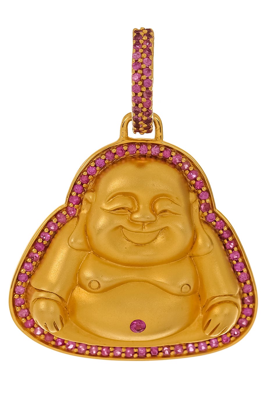 BUDDHA MAMA-Medium Matte Happy Buddha Pink Sapphire Pendant-YELLOW GOLD