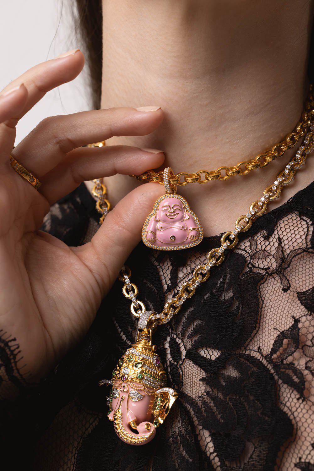 BUDDHA MAMA-Medium Pink Happy Buddha Pendant-YELLOW GOLD