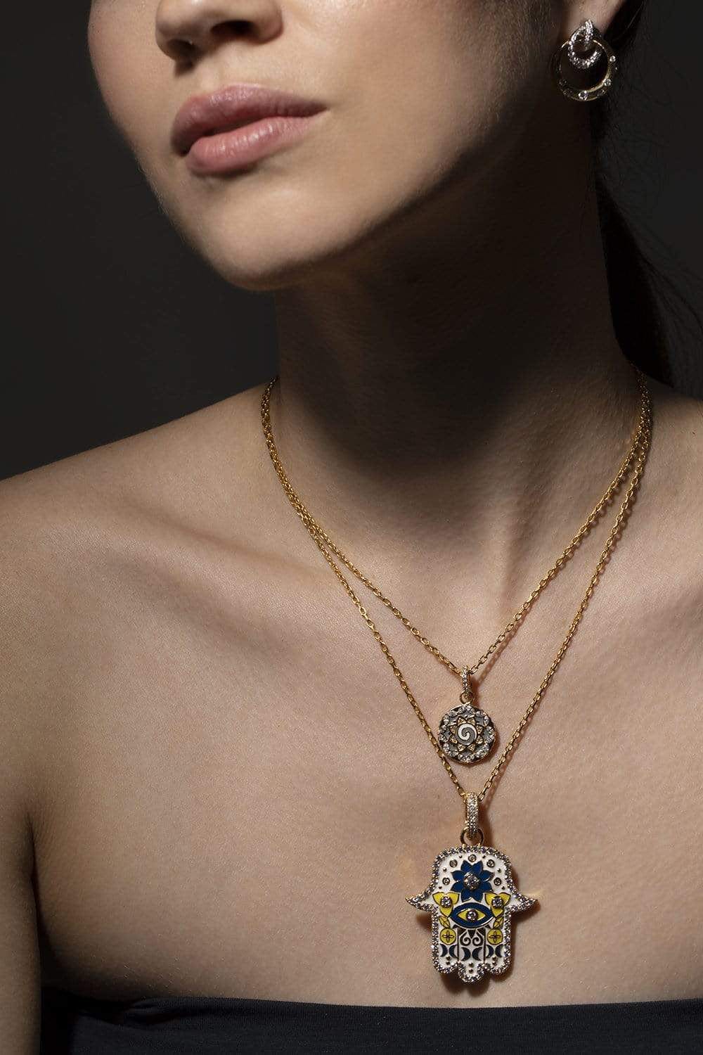 BUDDHA MAMA-Medium White and Yellow Hamsa Pendant with Diamonds-YELLOW GOLD