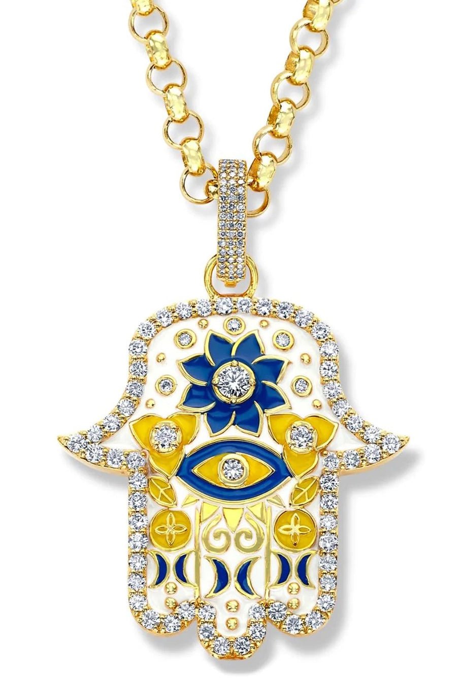 BUDDHA MAMA-Medium White and Yellow Hamsa Pendant with Diamonds-YELLOW GOLD