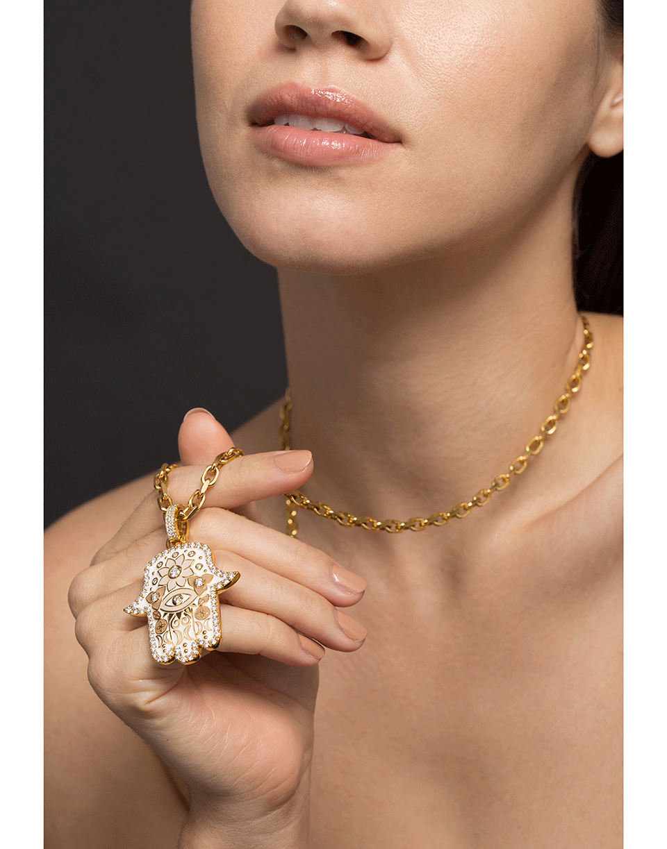 BUDDHA MAMA-Medium White Enamel Hamsa Pendant-YELLOW GOLD