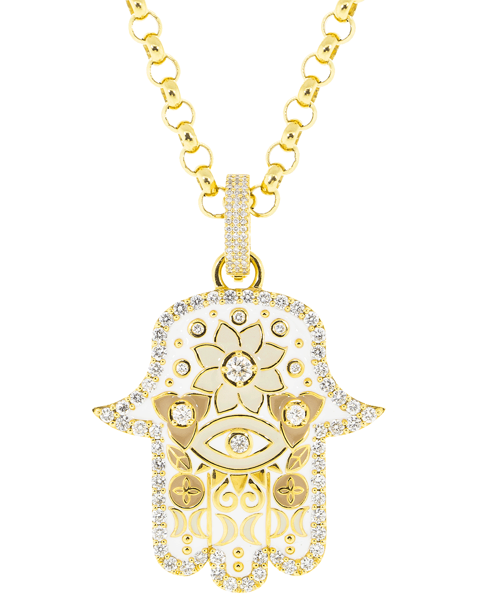 BUDDHA MAMA-Medium White Enamel Hamsa Pendant-YELLOW GOLD