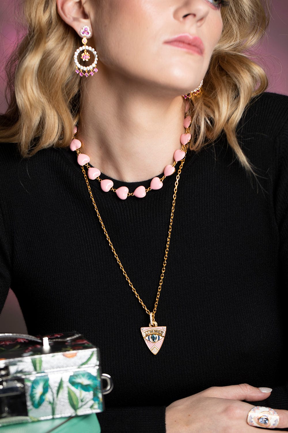BUDDHA MAMA-Pink Enamel Guitar Pick Pendant-YELLOW GOLD