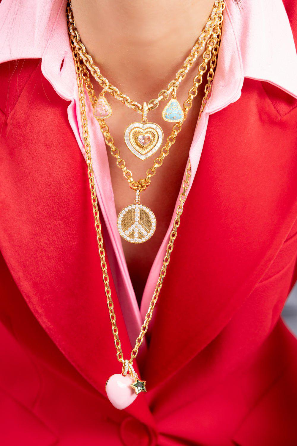 BUDDHA MAMA-Pink Enamel Puffy Heart Pendant-YELLOW GOLD