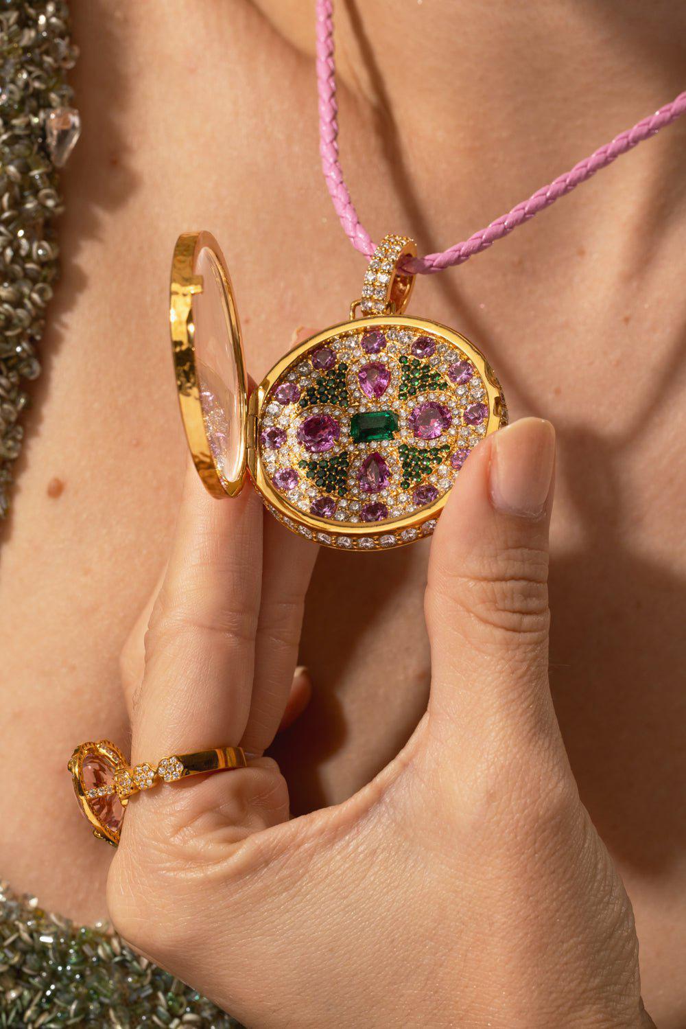 BUDDHA MAMA-Pink Sapphire Diamond Emerald Locket-YELLOW GOLD