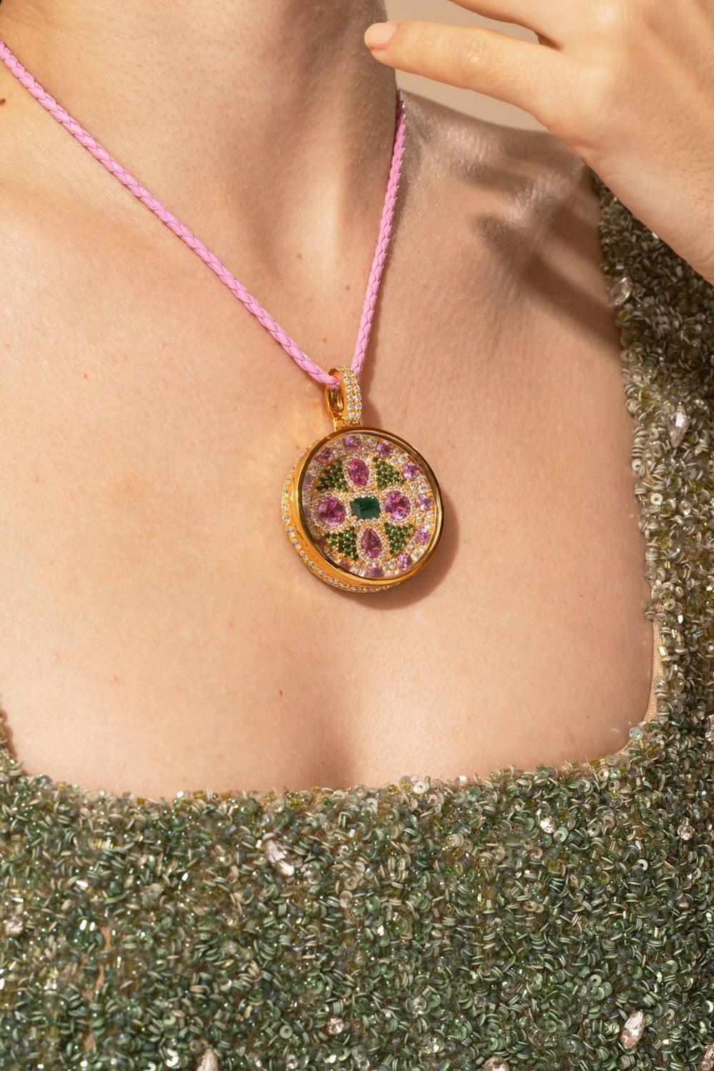 BUDDHA MAMA-Pink Sapphire Diamond Emerald Locket-YELLOW GOLD