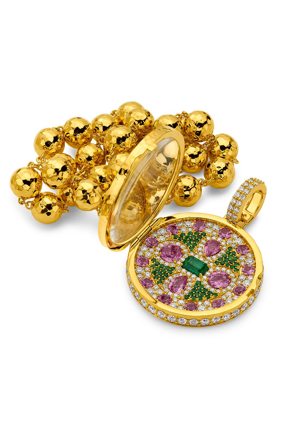 BUDDHA MAMA-Pink Sapphire Diamond Emerald Locket-YELLOW GOLD