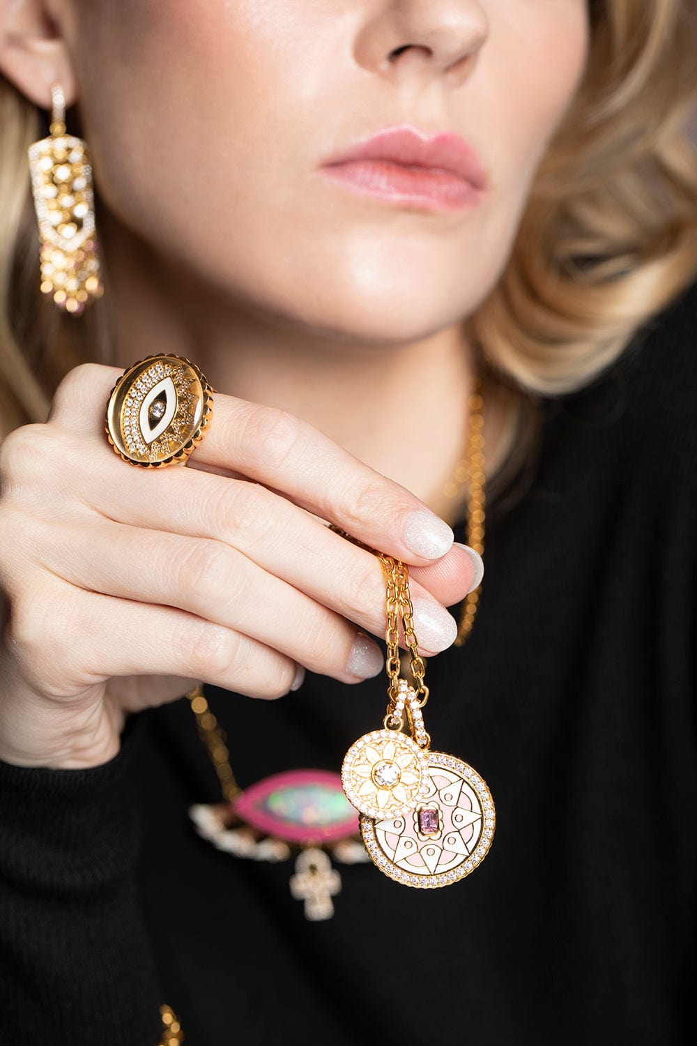 BUDDHA MAMA-Pink Tourmaline Mandala Coin Pendant-YELLOW GOLD