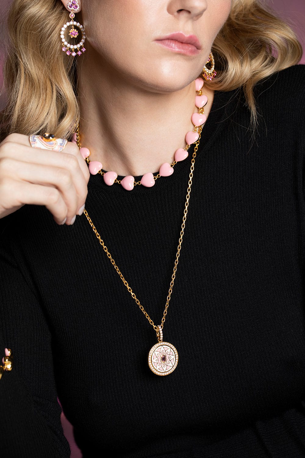 BUDDHA MAMA-Pink Tourmaline Mandala Coin Pendant-YELLOW GOLD