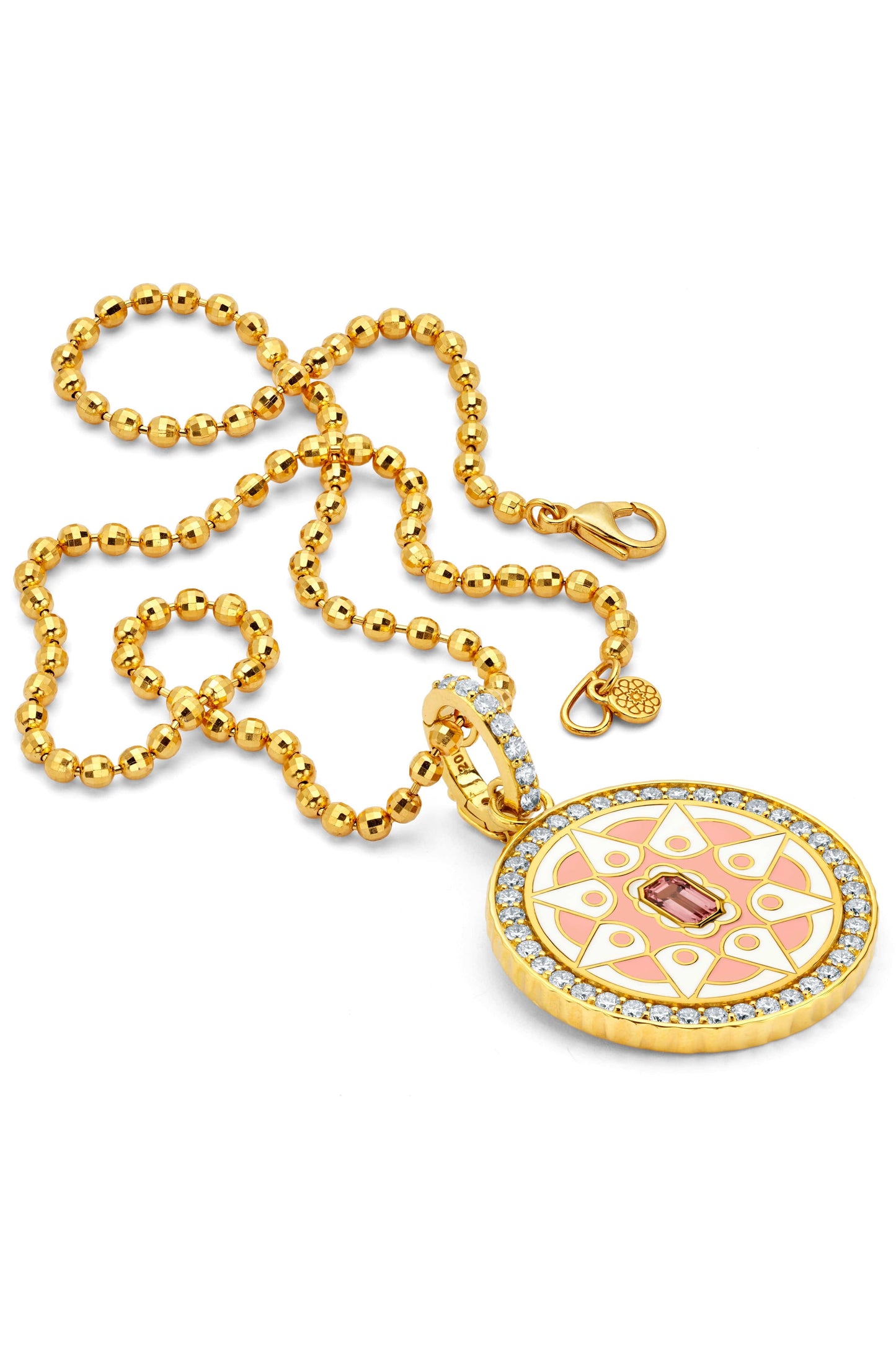 BUDDHA MAMA-Pink Tourmaline Mandala Coin Pendant-YELLOW GOLD