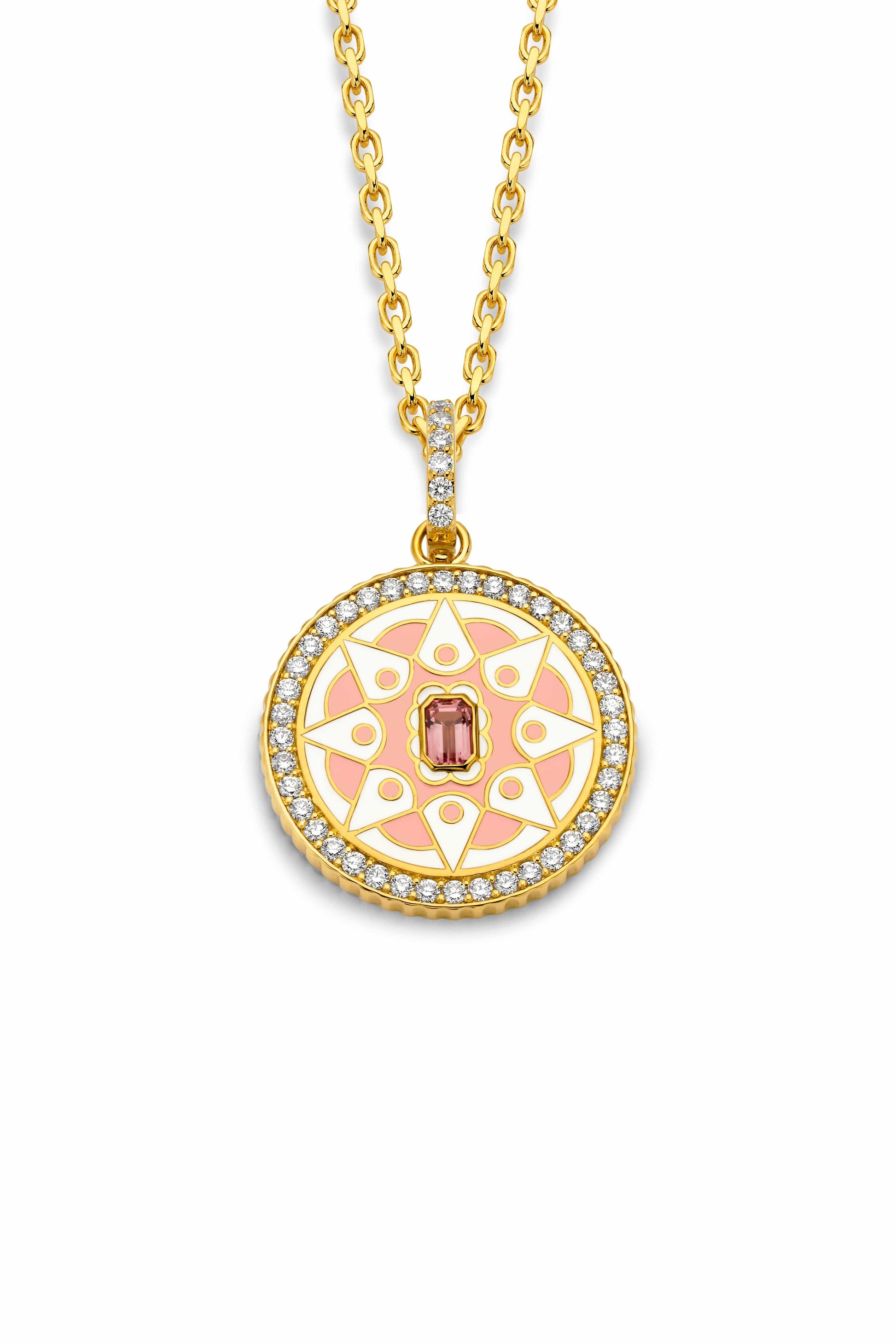 BUDDHA MAMA-Pink Tourmaline Mandala Coin Pendant-YELLOW GOLD