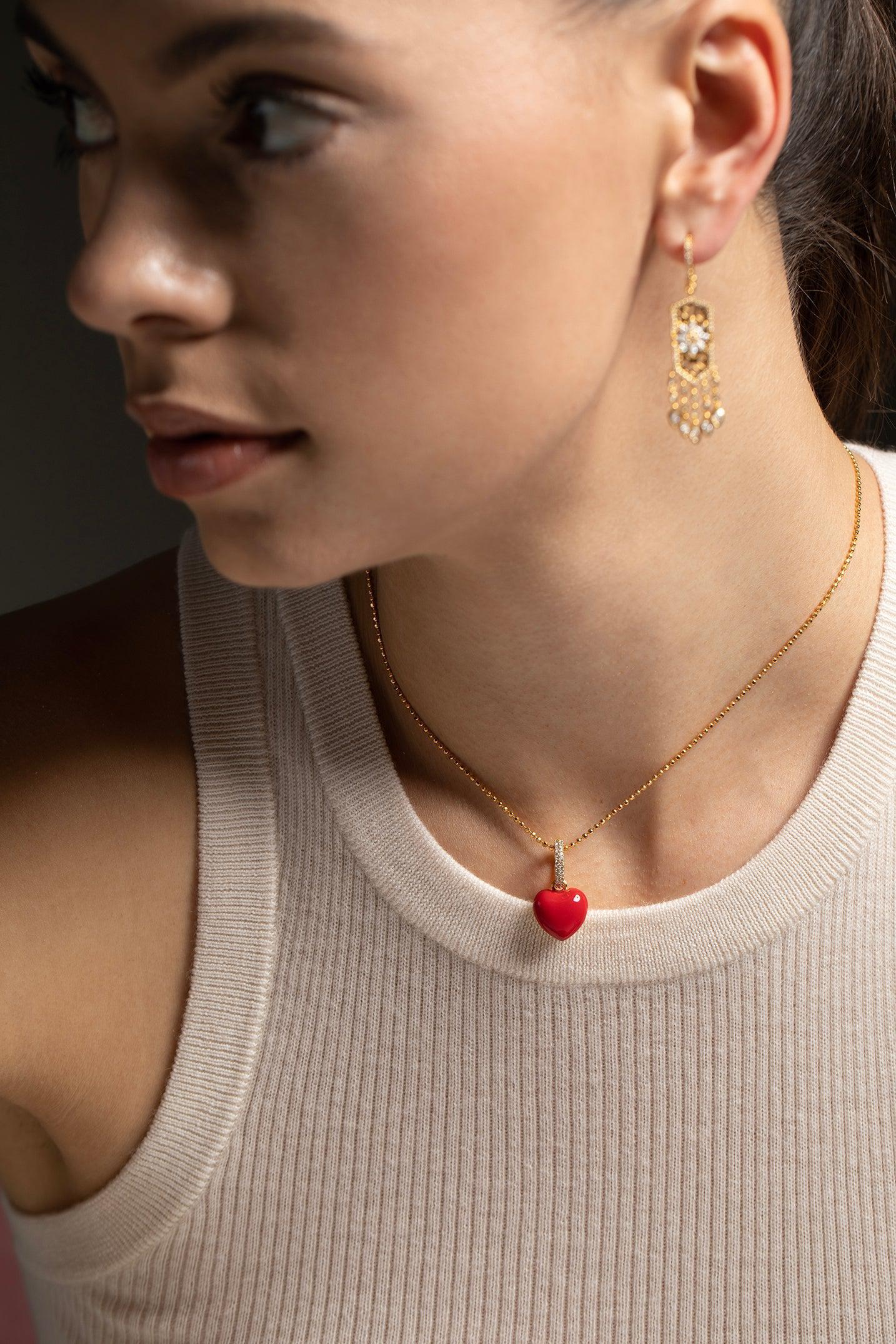 BUDDHA MAMA-Red Enamel Puffy Heart Pendant-YELLOW GOLD