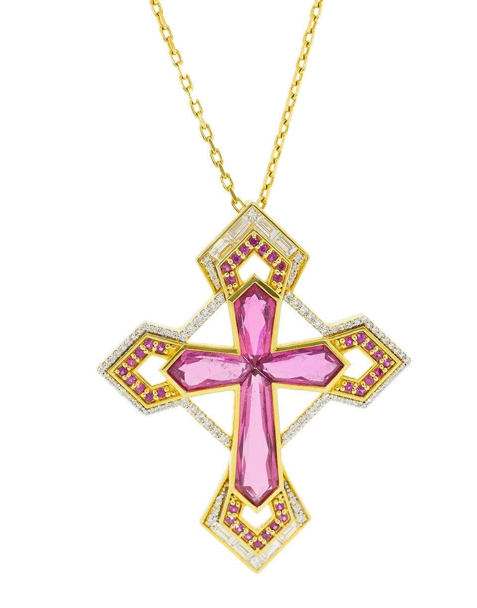 BUDDHA MAMA-Rubellite Cross Pendant-YELLOW GOLD