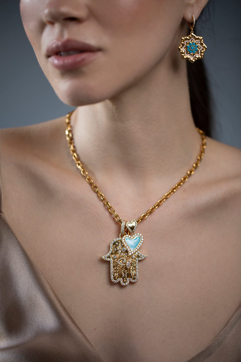 BUDDHA MAMA-Sky Blue Enamel Double Heart Pendant-YELLOW GOLD
