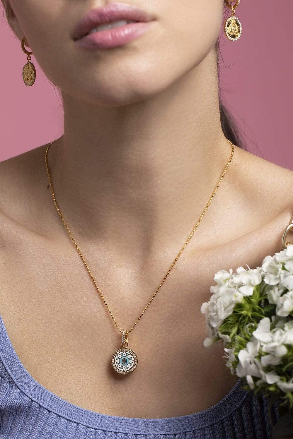 BUDDHA MAMA-Sky Blue Enamel Pendant with Baguette Diamond-YELLOW GOLD