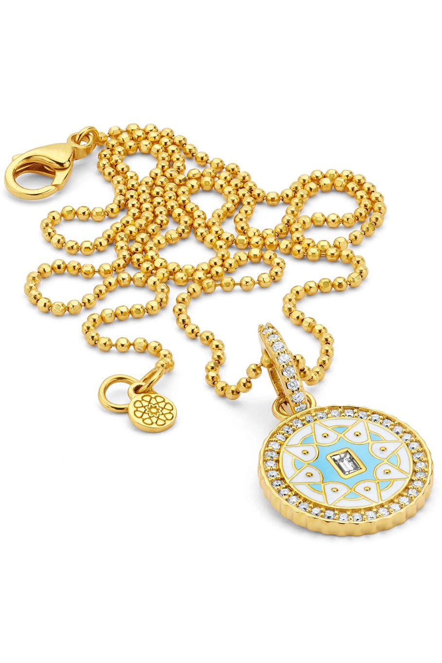 BUDDHA MAMA-Sky Blue Enamel Pendant with Baguette Diamond-YELLOW GOLD
