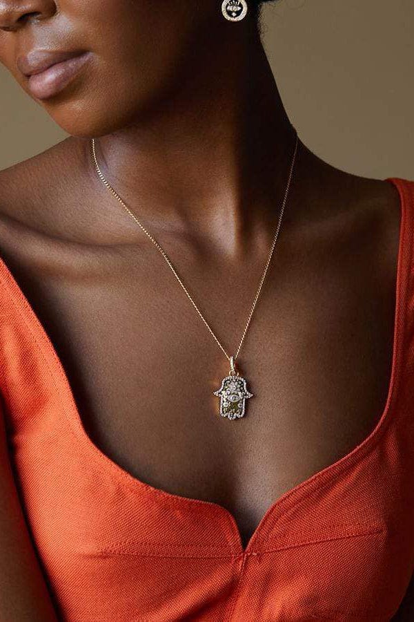 BUDDHA MAMA-Small Army Green Hamsa Pendant-YELLOW GOLD