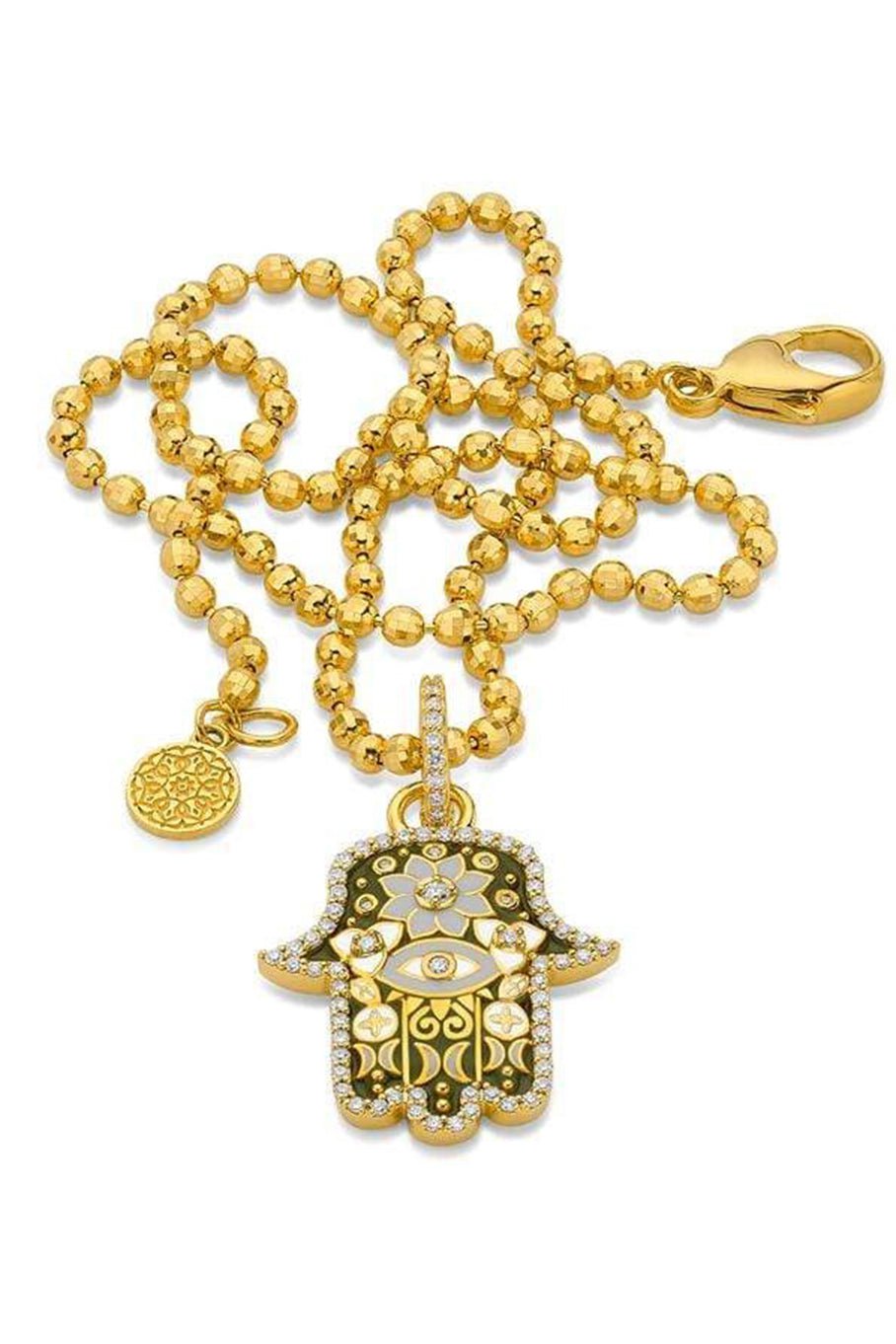 BUDDHA MAMA-Small Army Green Hamsa Pendant-YELLOW GOLD