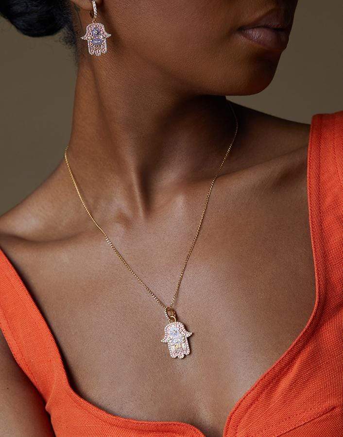 BUDDHA MAMA-Small Pink Enamel Hamsa Pendant-YELLOW GOLD