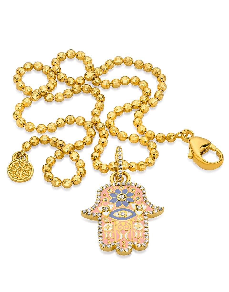 BUDDHA MAMA-Small Pink Enamel Hamsa Pendant-YELLOW GOLD