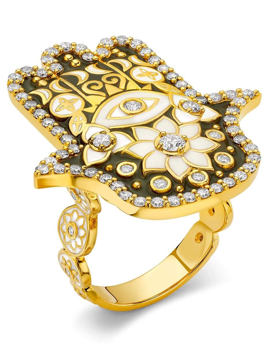 BUDDHA MAMA-Army Green Enamel Hamsa Ring-YELLOW GOLD