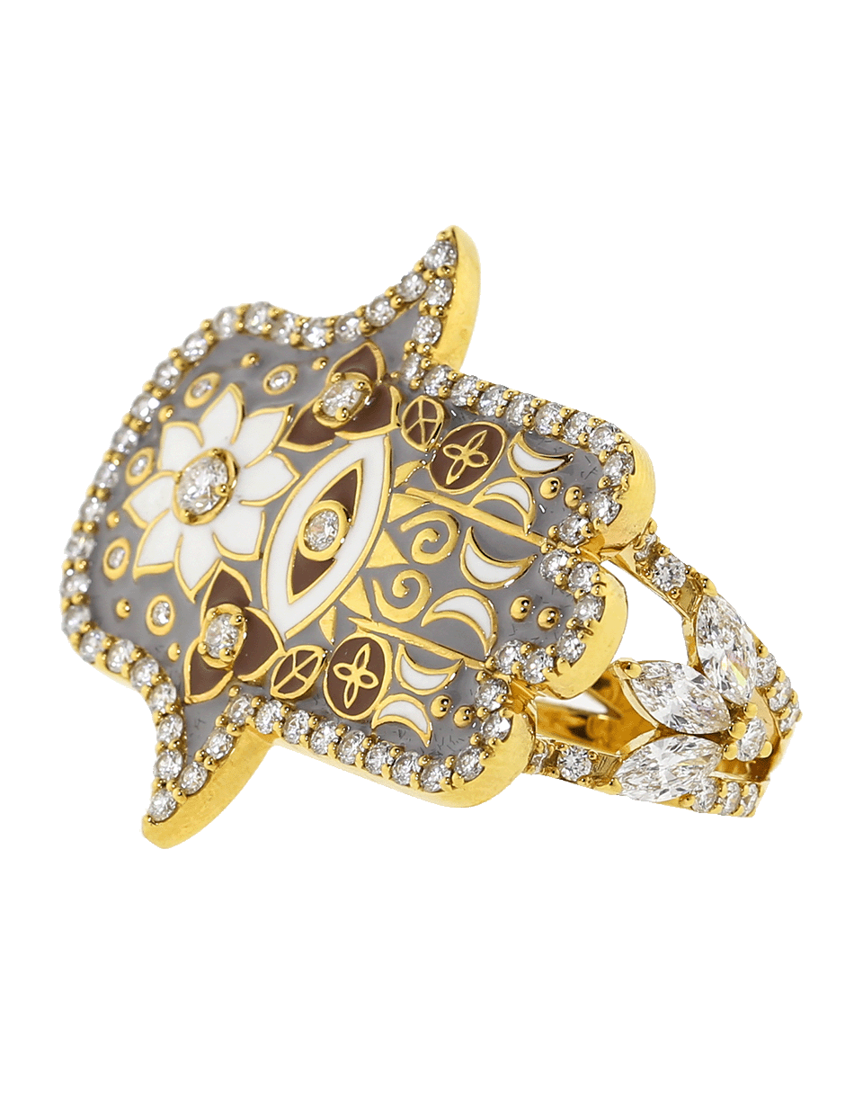 BUDDHA MAMA-Grey Enamel And Diamond Hamsa Double Ring-YELLOW GOLD
