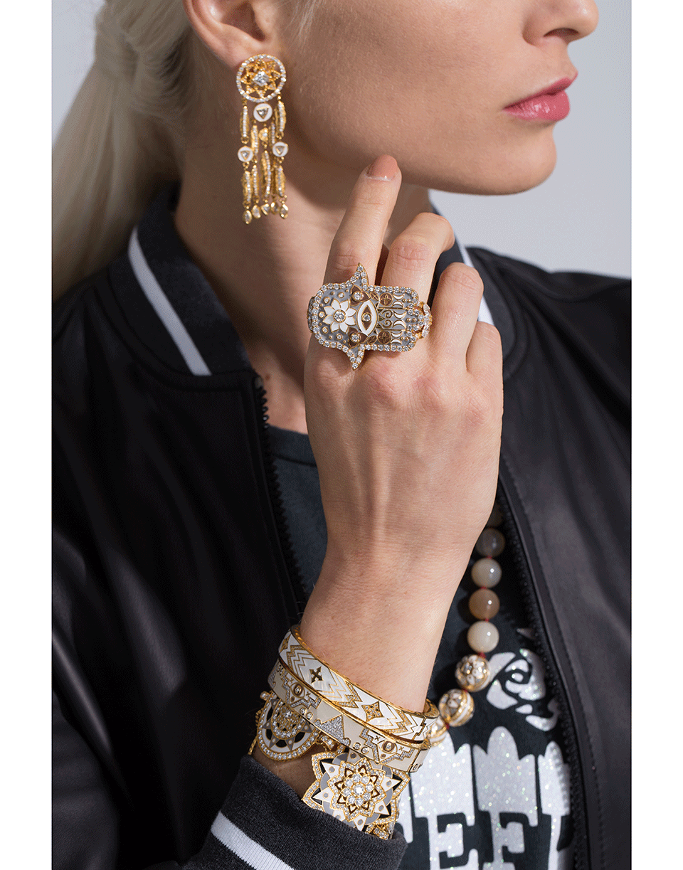 BUDDHA MAMA-Grey Enamel And Diamond Hamsa Double Ring-YELLOW GOLD