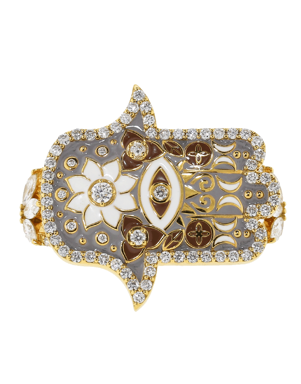BUDDHA MAMA-Grey Enamel And Diamond Hamsa Double Ring-YELLOW GOLD
