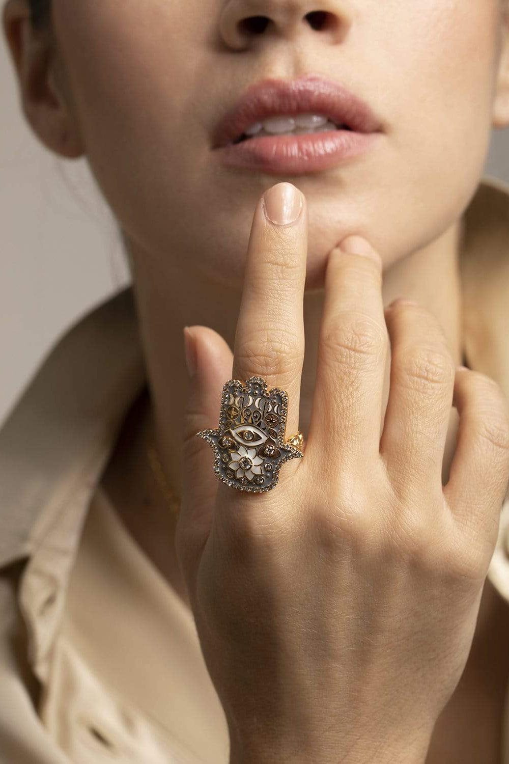 BUDDHA MAMA-Grey Enamel and Diamond Hamsa Ring-YELLOW GOLD
