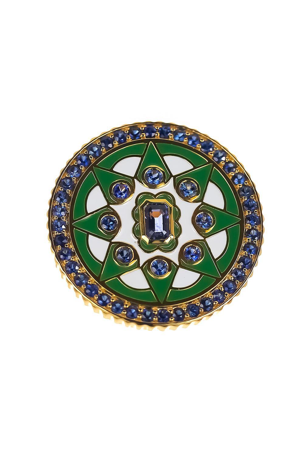 Blue Sapphire Kelly Green Mandala Coin Ring-YELLOW GOLD-7.5-JEWELRYFINE JEWELRING-BUDDHA MAMA