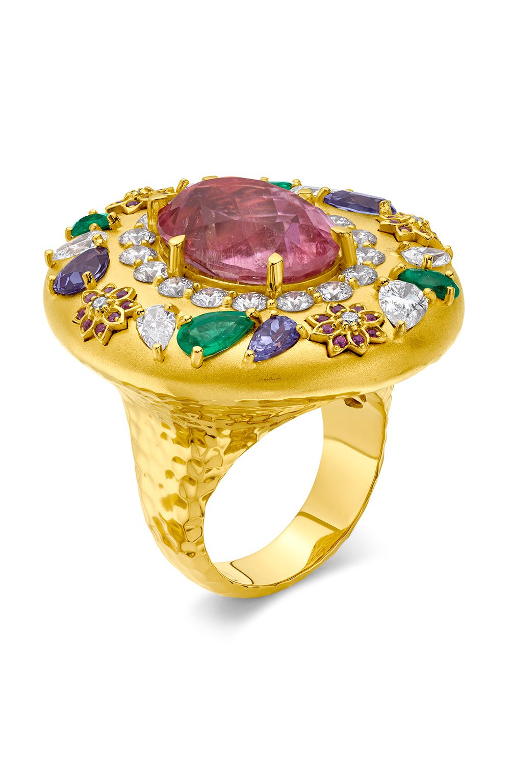 BUDDHA MAMA-Oval Kunzite Flower Ring-YELLOW GOLD