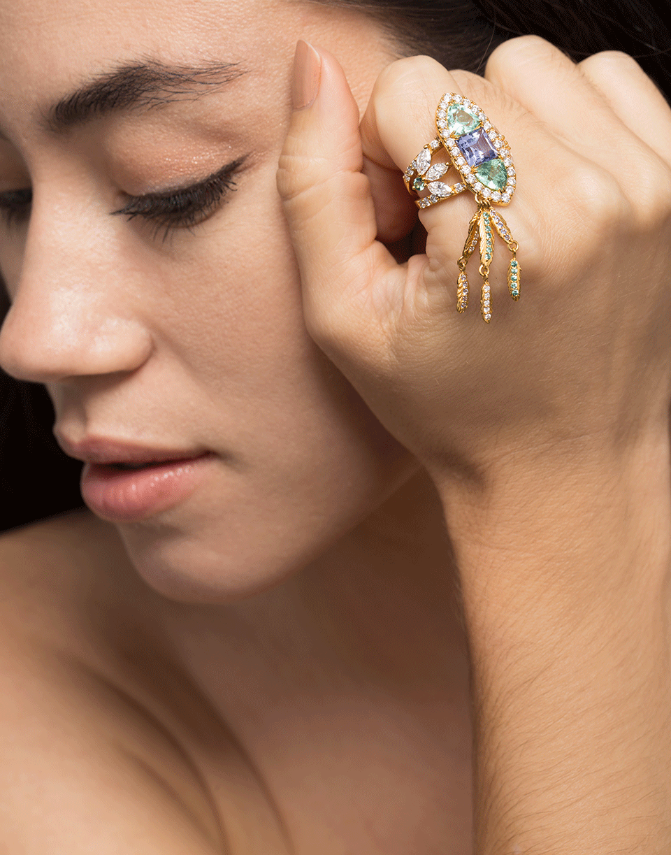 BUDDHA MAMA-Paraiba Tourmaline and Tanzanite Feather Ring-YELLOW GOLD