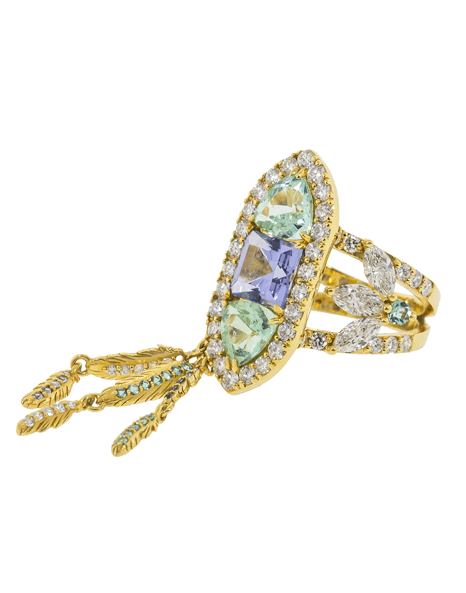BUDDHA MAMA-Paraiba Tourmaline and Tanzanite Feather Ring-YELLOW GOLD