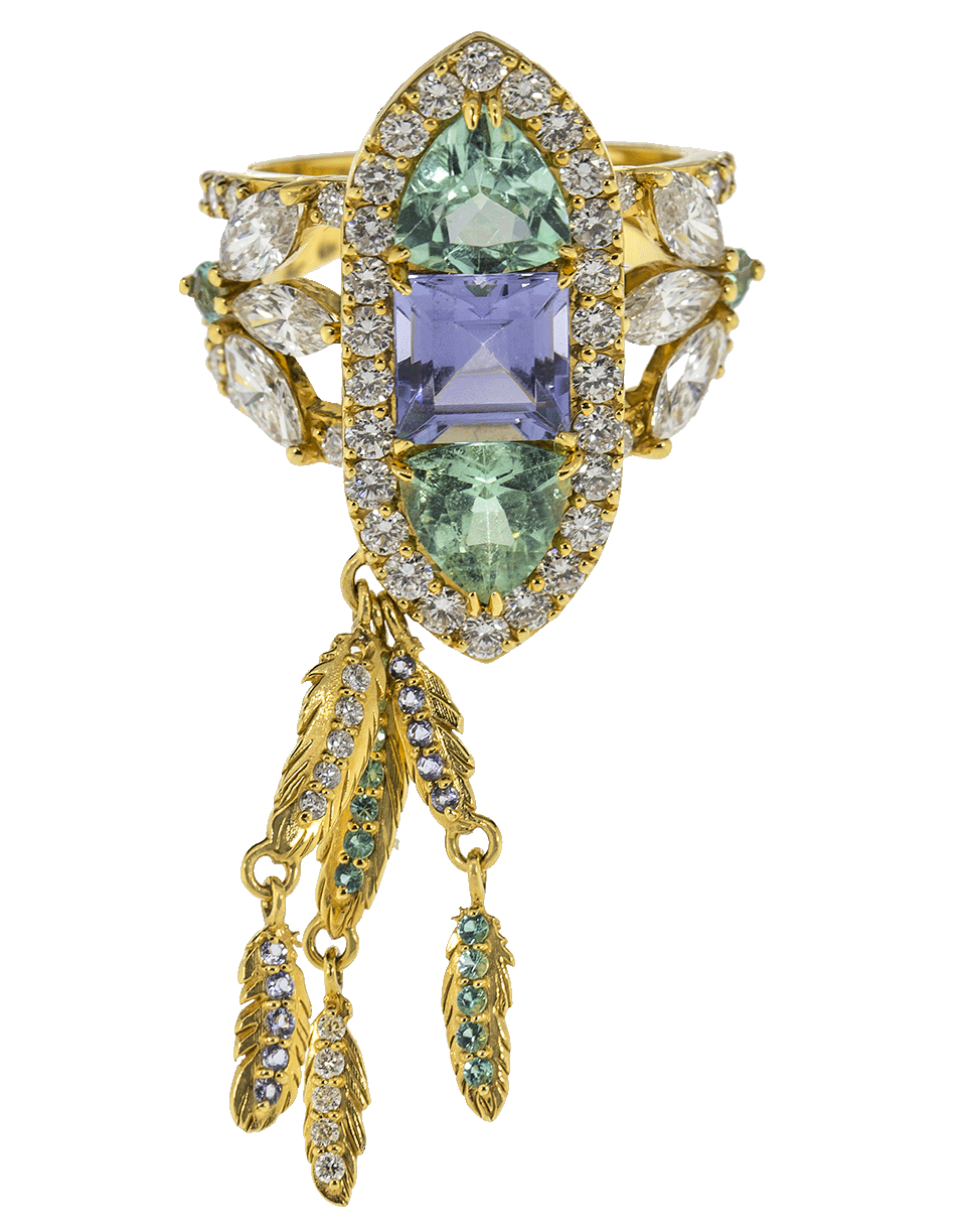 BUDDHA MAMA-Paraiba Tourmaline and Tanzanite Feather Ring-YELLOW GOLD